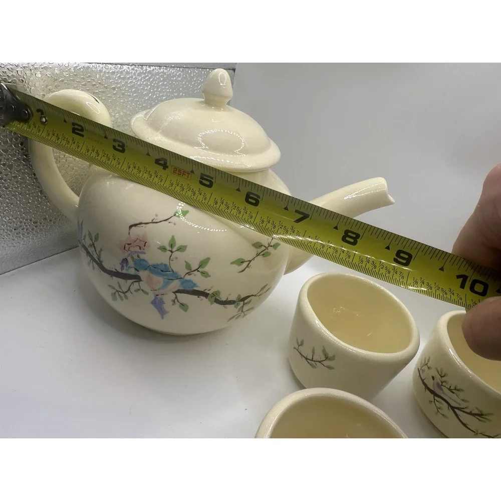 Beige Glazed Ceramic Floral Tea Set Teapot w/ Lid & 4 Cups, 8 oz